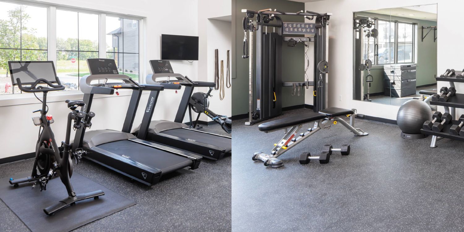 Olive Lane Townhomes photos of fitness center side by side featuring treadmills and weight training equipment