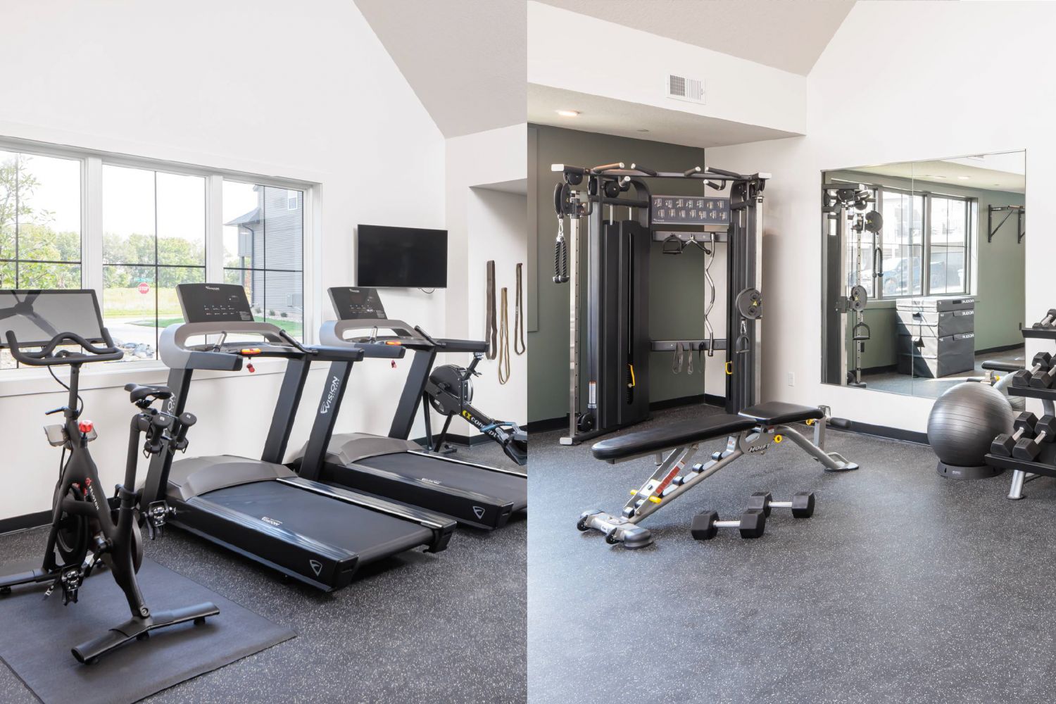 Olive Lane Townhomes photos of fitness center side by side featuring treadmills and weight training equipment
